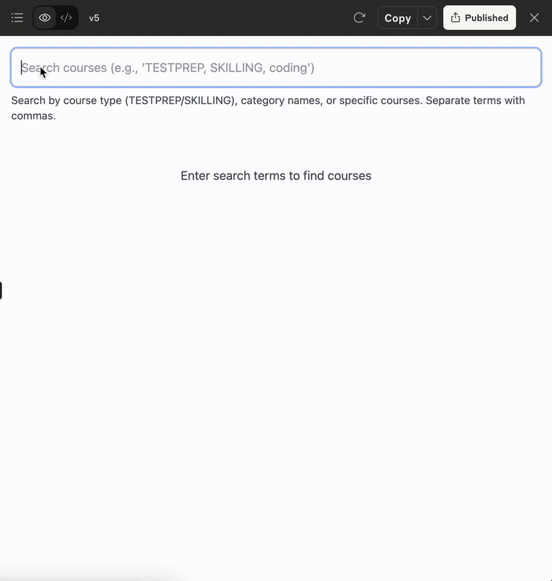 Claude AI prototype — functional search interface with real API data showing course titles